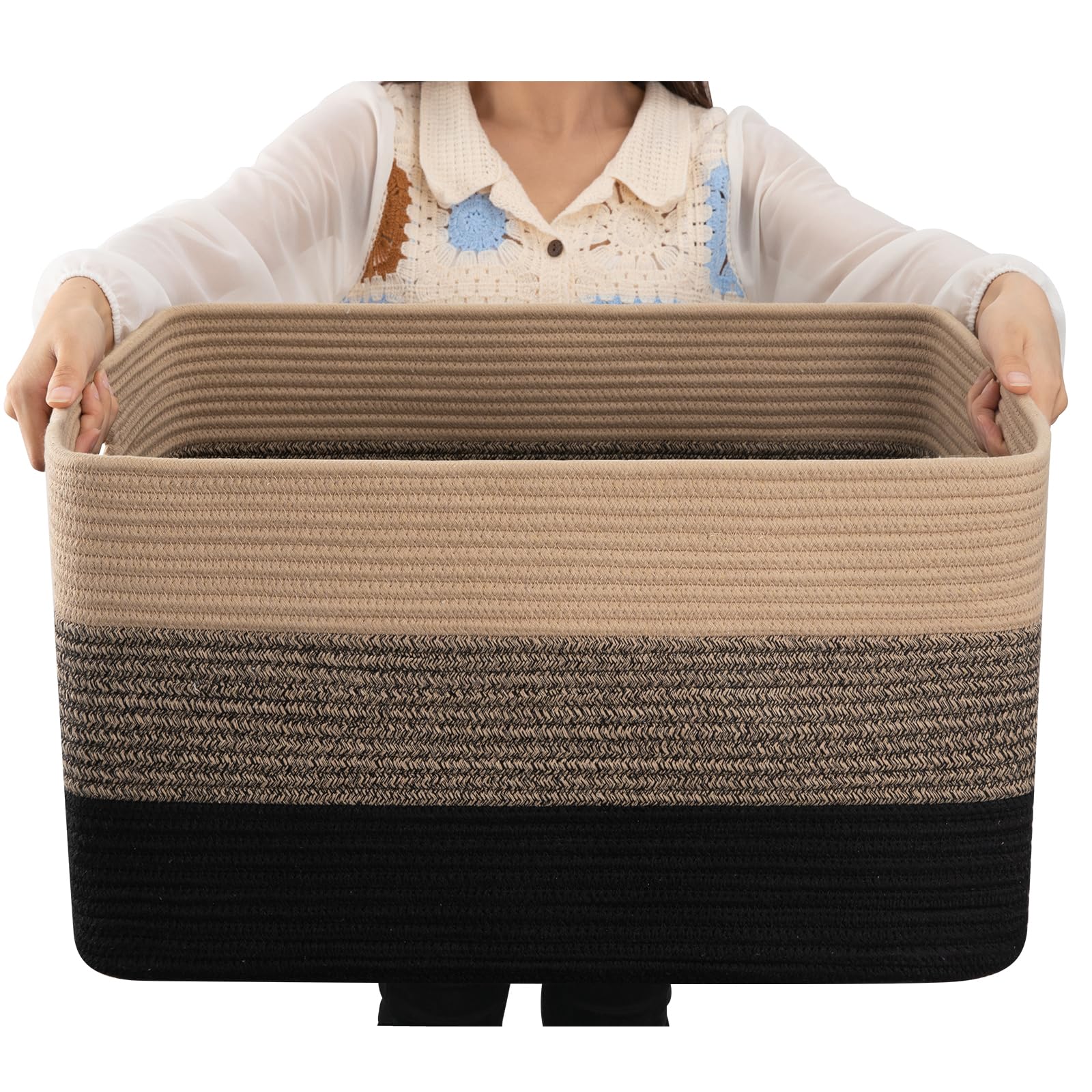 Oiahomy Large Blanket Basket, Rectangle Woven Baskets For Storage, Nursery Blanket Basket Living Room, Toy Basket With Handle, Large Baskets For Organizing-22”X17”X12”-Yellow Black